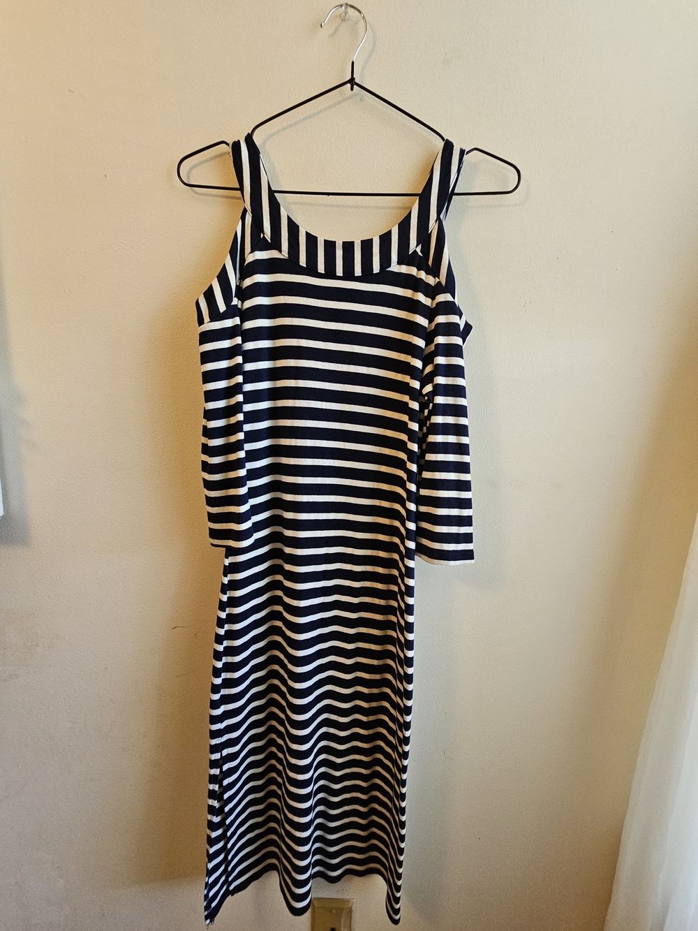 Monteau Navy and White Striped Cold-Shoulder Maxi Dress